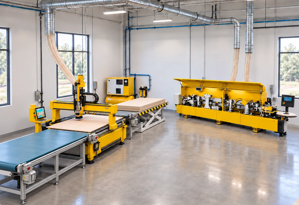A cabinet shop set up by CNC Supply: Plus router with load platform and unload conveyor, compressor and edgebander